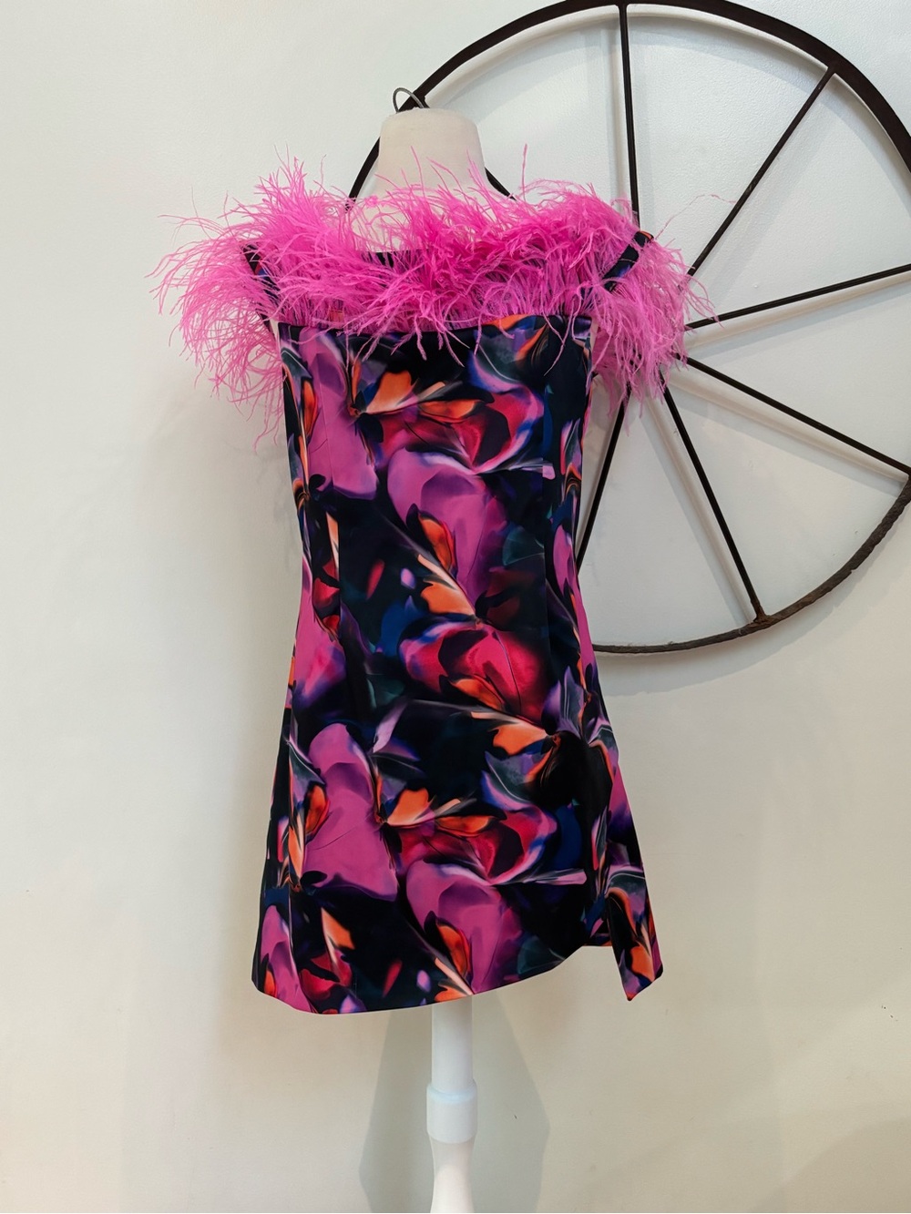 Karen Millen Weston Multi Marble Print ostrich Feather Bardot party Dress NWT 10